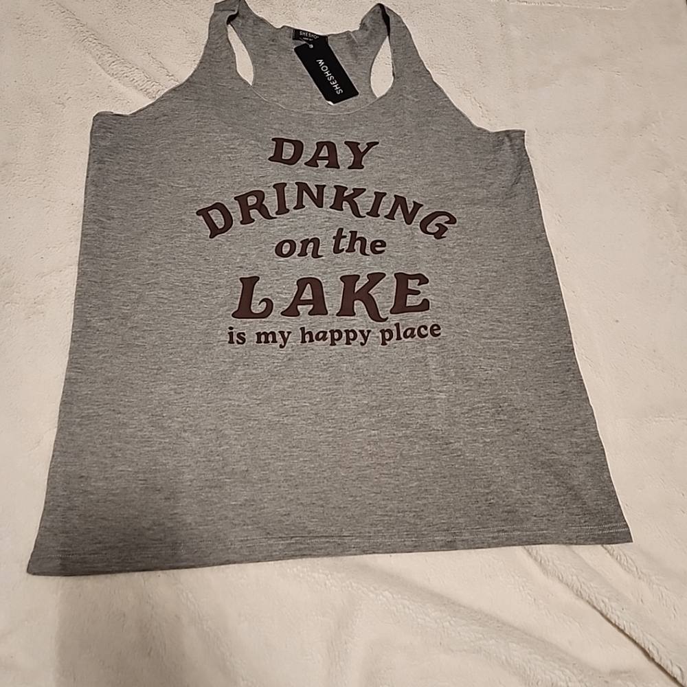 NEW SHESHOW Gray Racerback Tank Top Day Drinking Lake Theme Women's Size XL